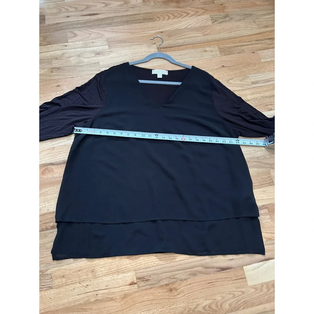 Michael Kors Layered Hem Tunic Women 2X Black Minimalist 3/4 Sleeve V-Neck Top